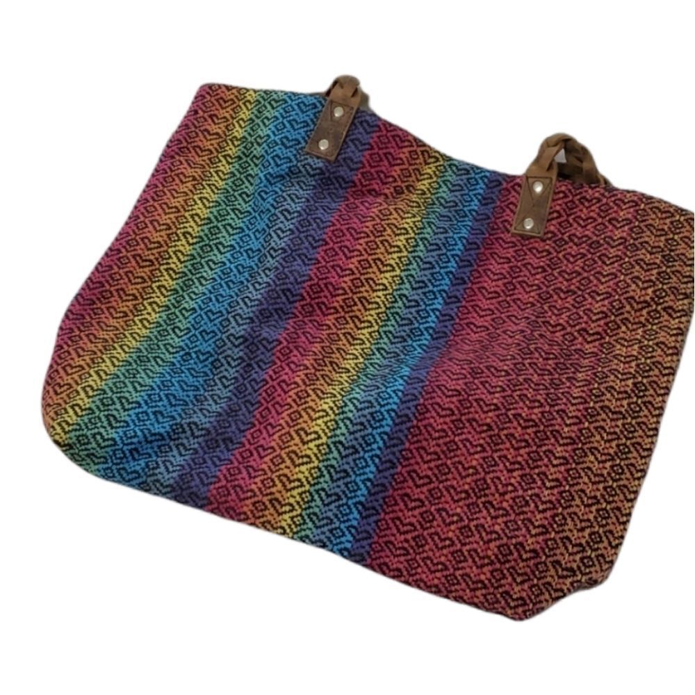 Daja Designs Leather And Handwoven Rainbow Heart  Tote
